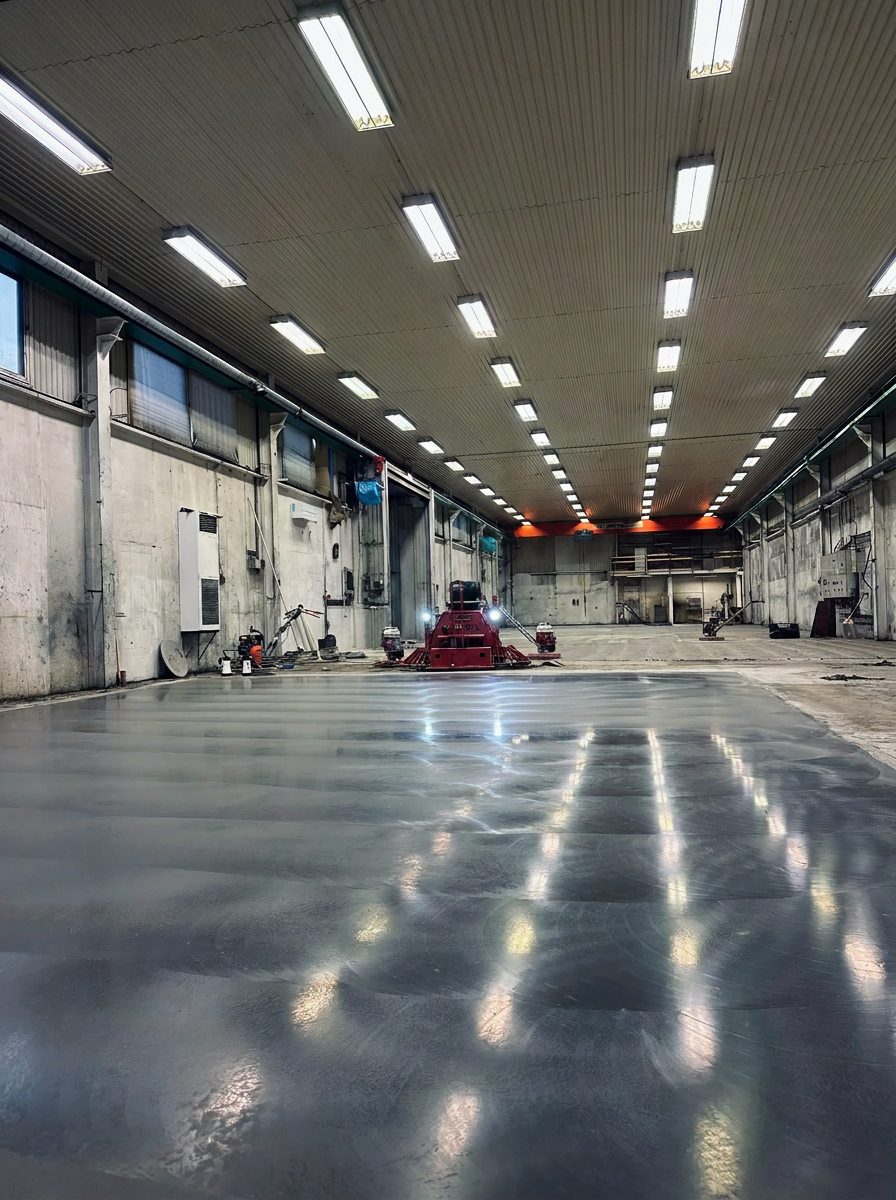 Slipat industrigolv i hallmiljö med blank betongyta